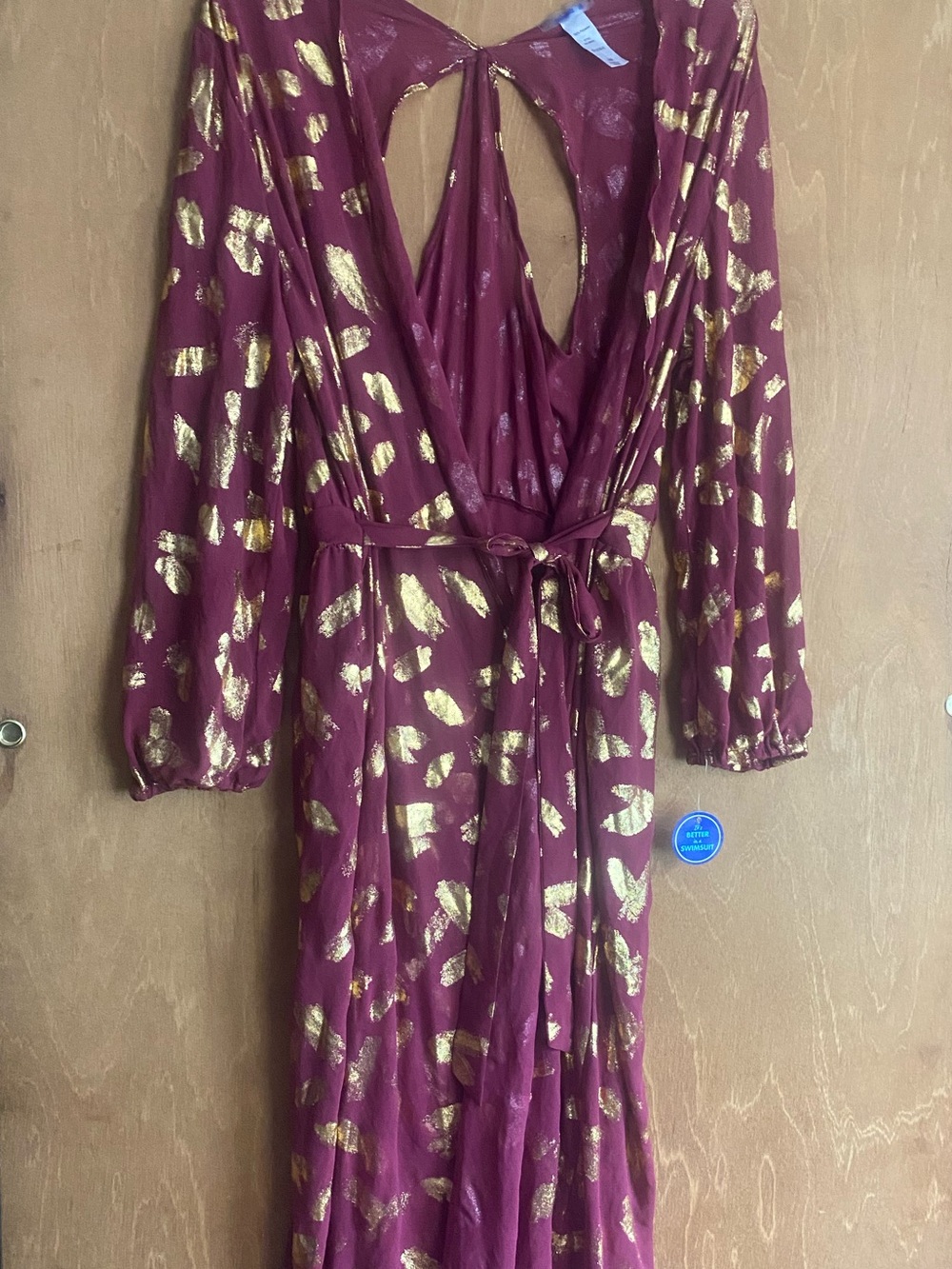 SwimSuitsForAll Burgundy Maxi SwimDress with Metallic Gold Spots - One Size